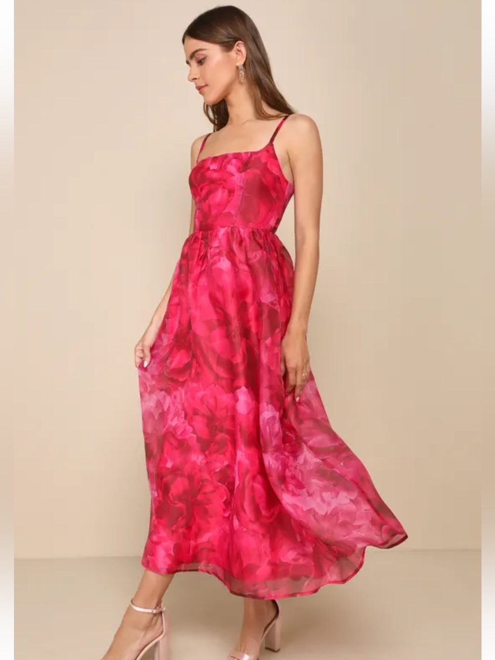 NWT Lulus Darling Icon Dark Pink Floral Organza Lace-Up Midi Dress
